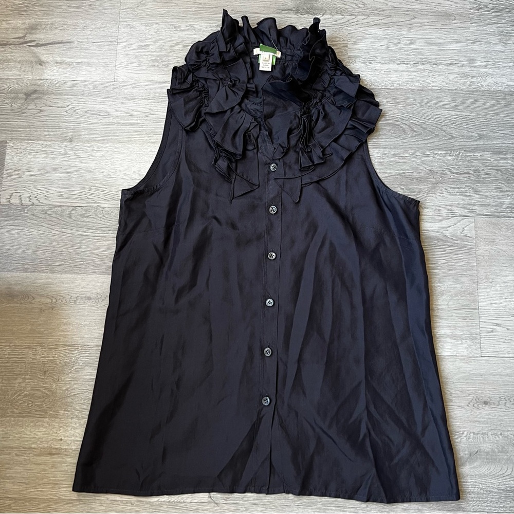 J. Crew Silk Black Ruffle-Trim High Neck Collar Button Front Blouse